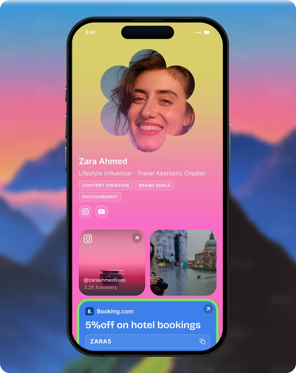 A lifestyle creator's swyp page: profile, Instagram feed and a Booking.com discount code