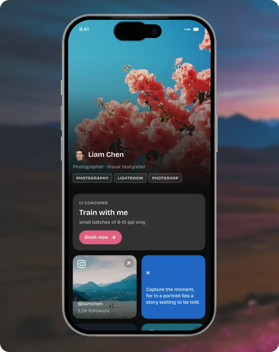 A photographer's swyp page: cover photo, 1:1 coaching offer and Instagram follower count